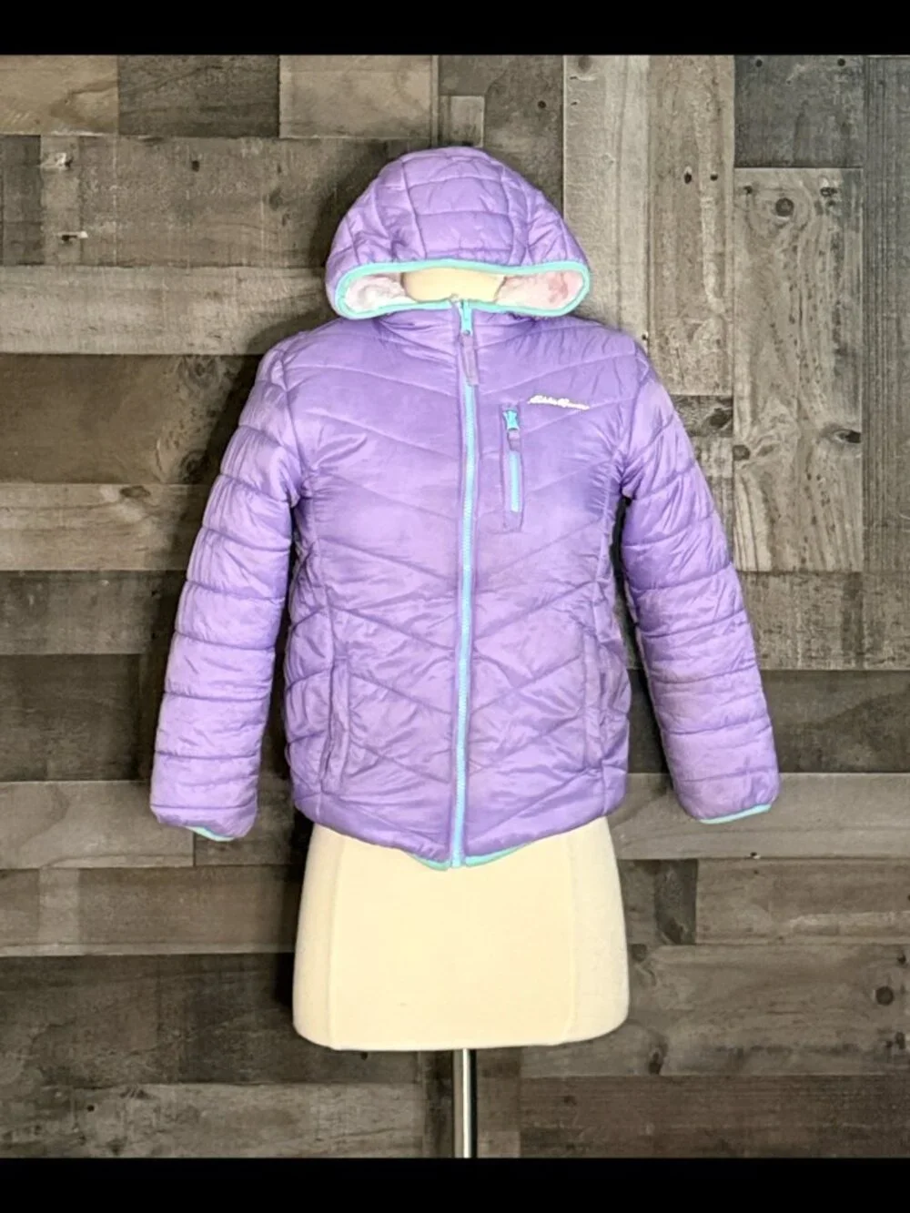 Eddie Bauer violet purple puffer jacket girl medium pastel tie dye fleece winter